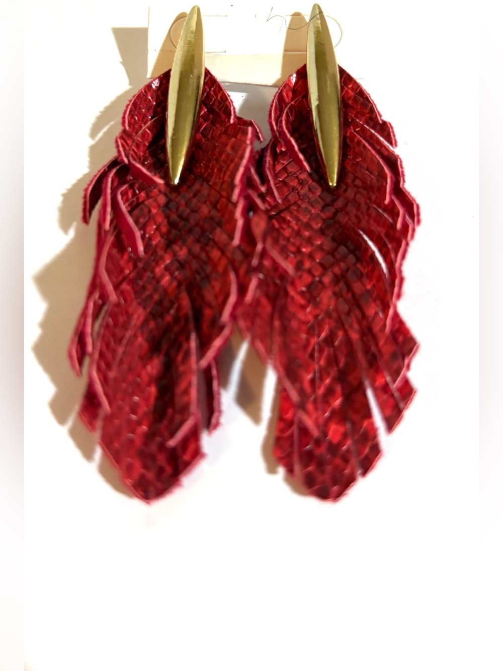 Red Feather-Style Fringe Drop Earrings - leather